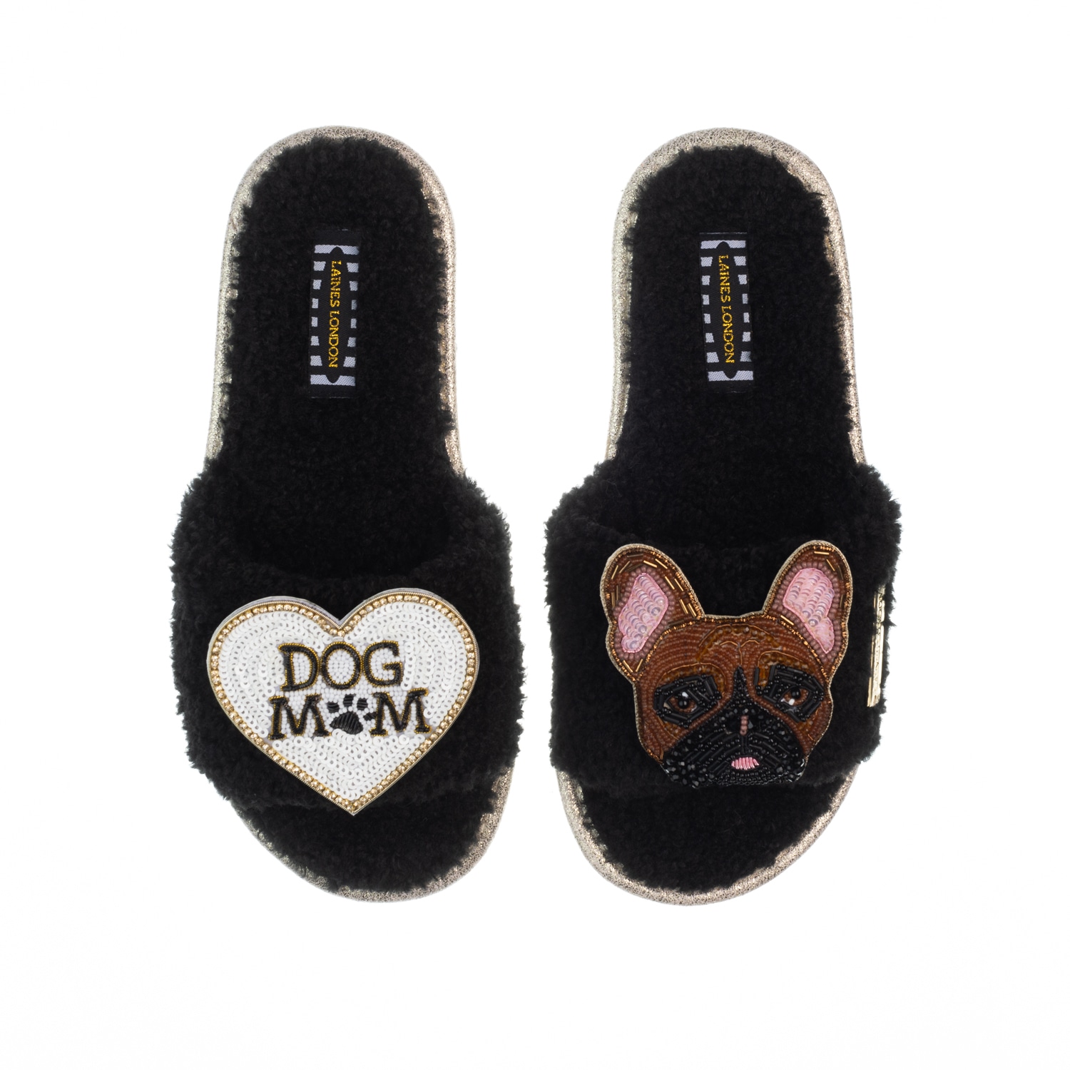 Laines London Women's Teddy Toweling Slippers With Cookie The Frenchie & Dog Mum /mom Brooches - Black