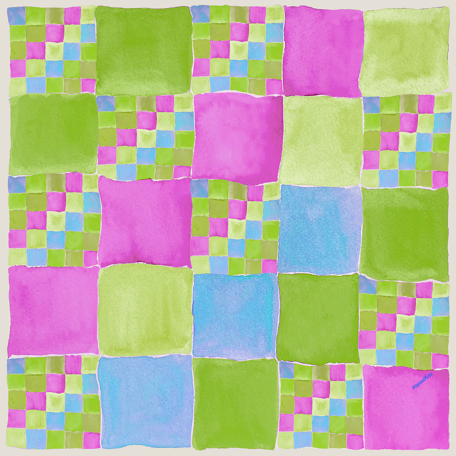 Maraethra Women's Ascending Grid Cotton Square Scarf Green Pink