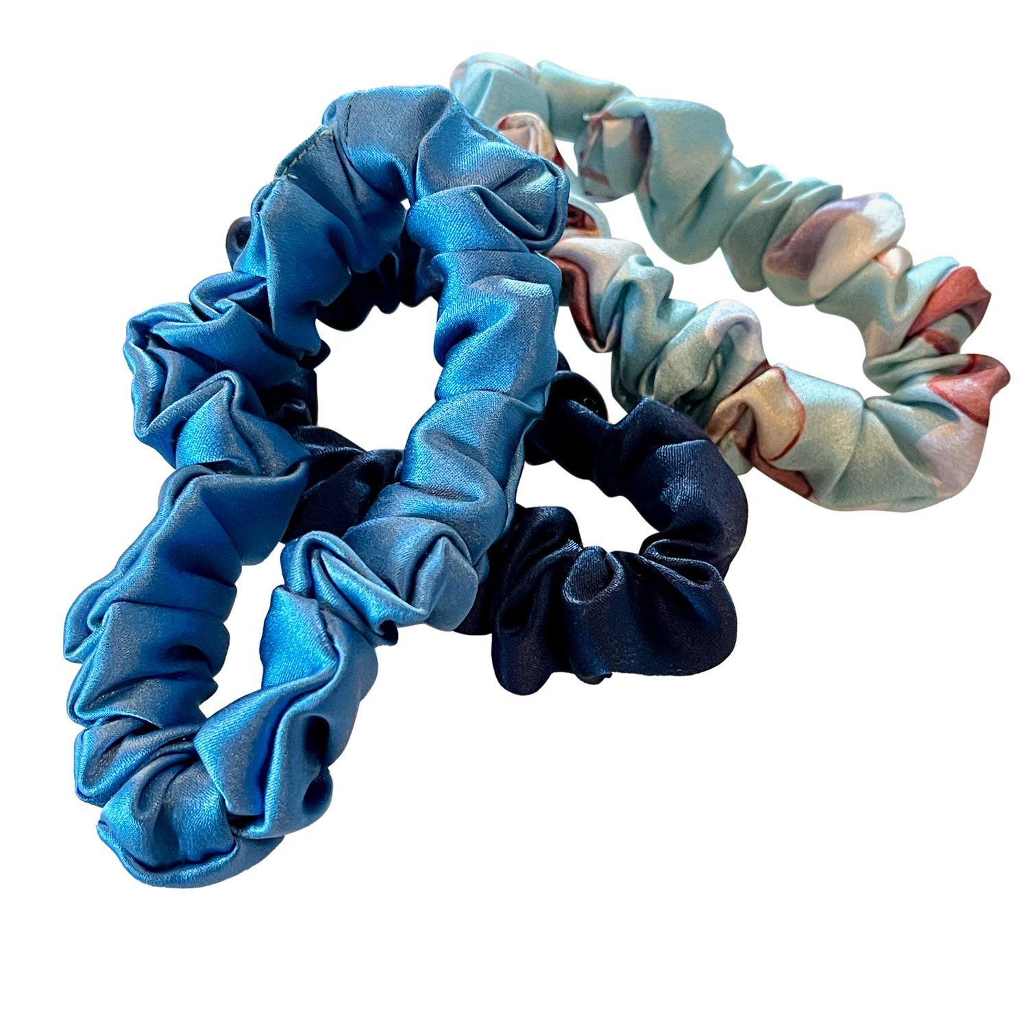 Women's Blue Set Of Three Pure Mulberry Silk Mini Scrunchies Weekly Special Hair Ties Lakeside Serenity | One Size | Soft Strokes Silk