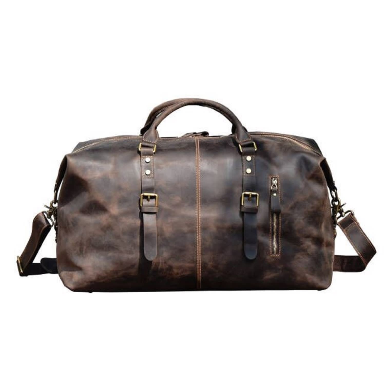 Men's Zip Detail Genuine Leather Holdall Weekender - Dark Brown | Touri