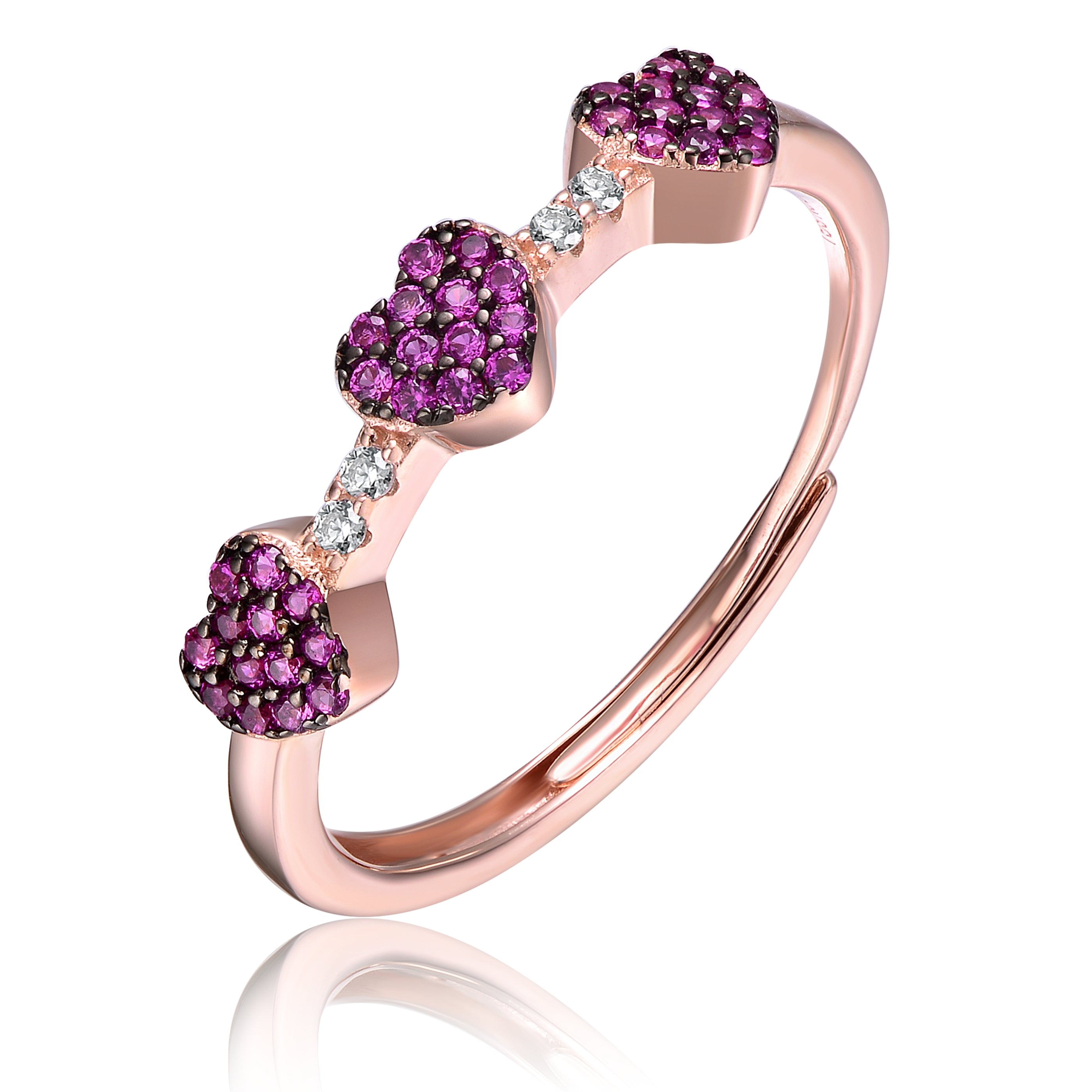 Women’s Pink / Purple / White Sterling Silver Rose Gold Plated With Ruby & Cubic Zirconia Pave Hearts Promise Stacking Ring Genevive Jewelry