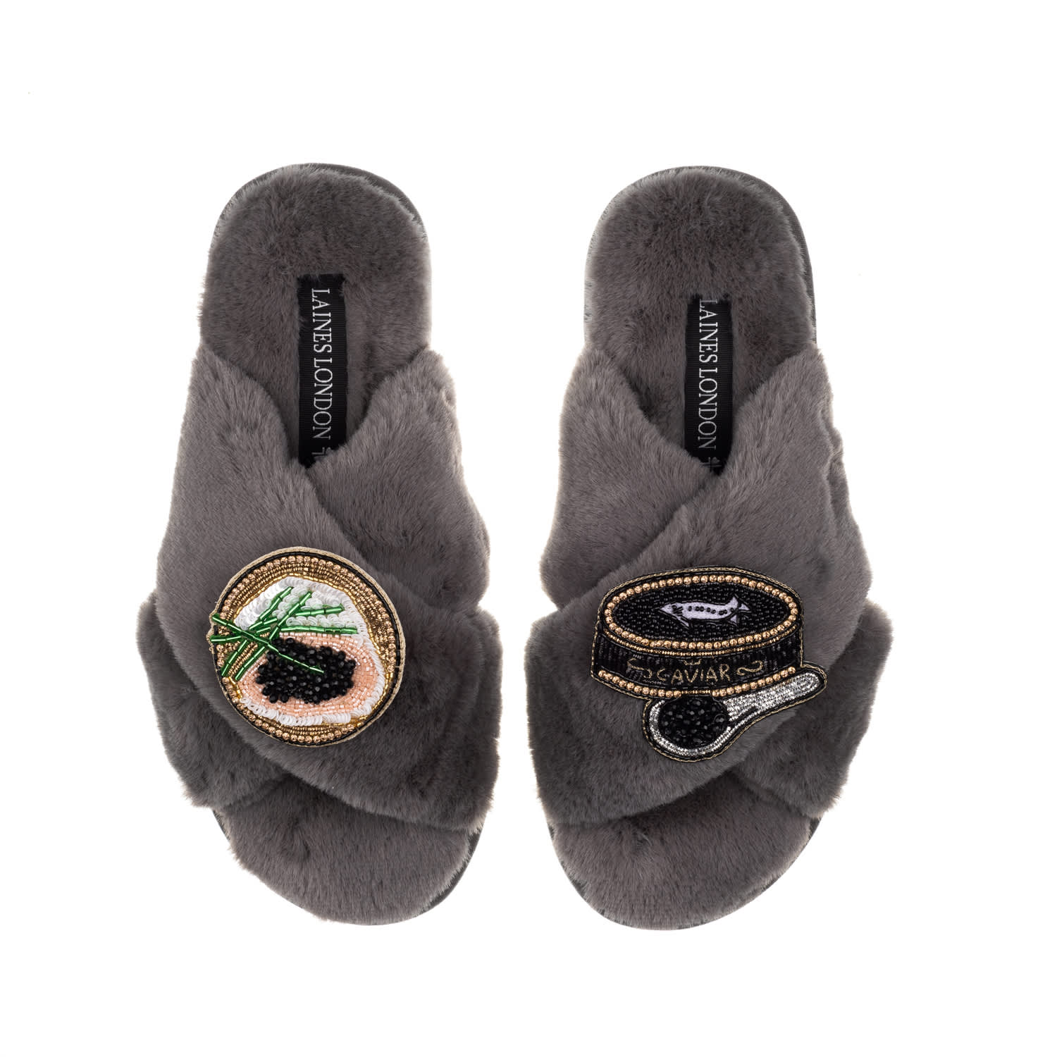 Laines London Women's Classic Laines Slippers With Caviar & Blini Brooches - Grey In Grey
