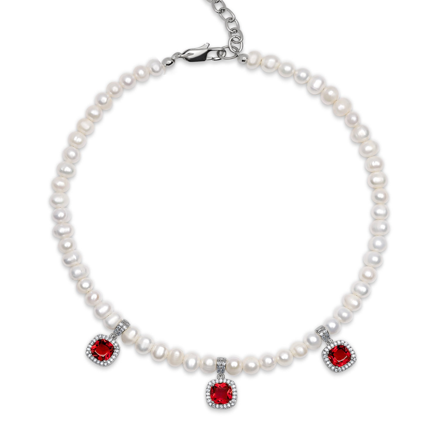 Red / Silver Women’s Pearl Choker With Red Cz Pendants Nialaya