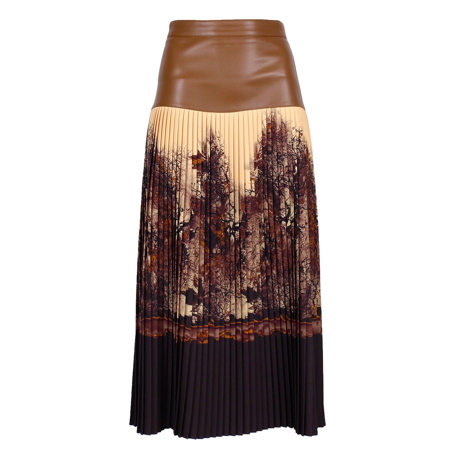 Women's Brown / Neutrals All-Over Graphic Design Pleated Skirt With Vegan Leather Detailing | Extra Large | Lalipop Design