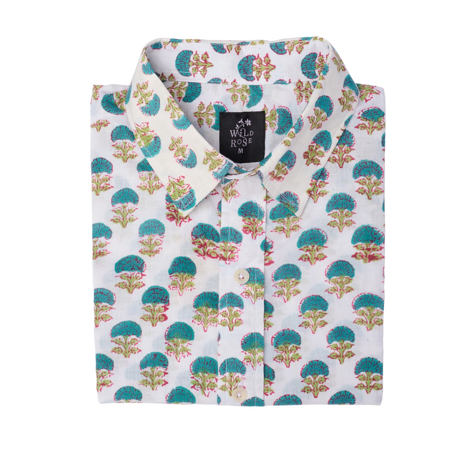 Wild Rose Men's Green / White Ol-bibi Hand Block Print Cotton Long Sleeved Floral Shirt In Green/white