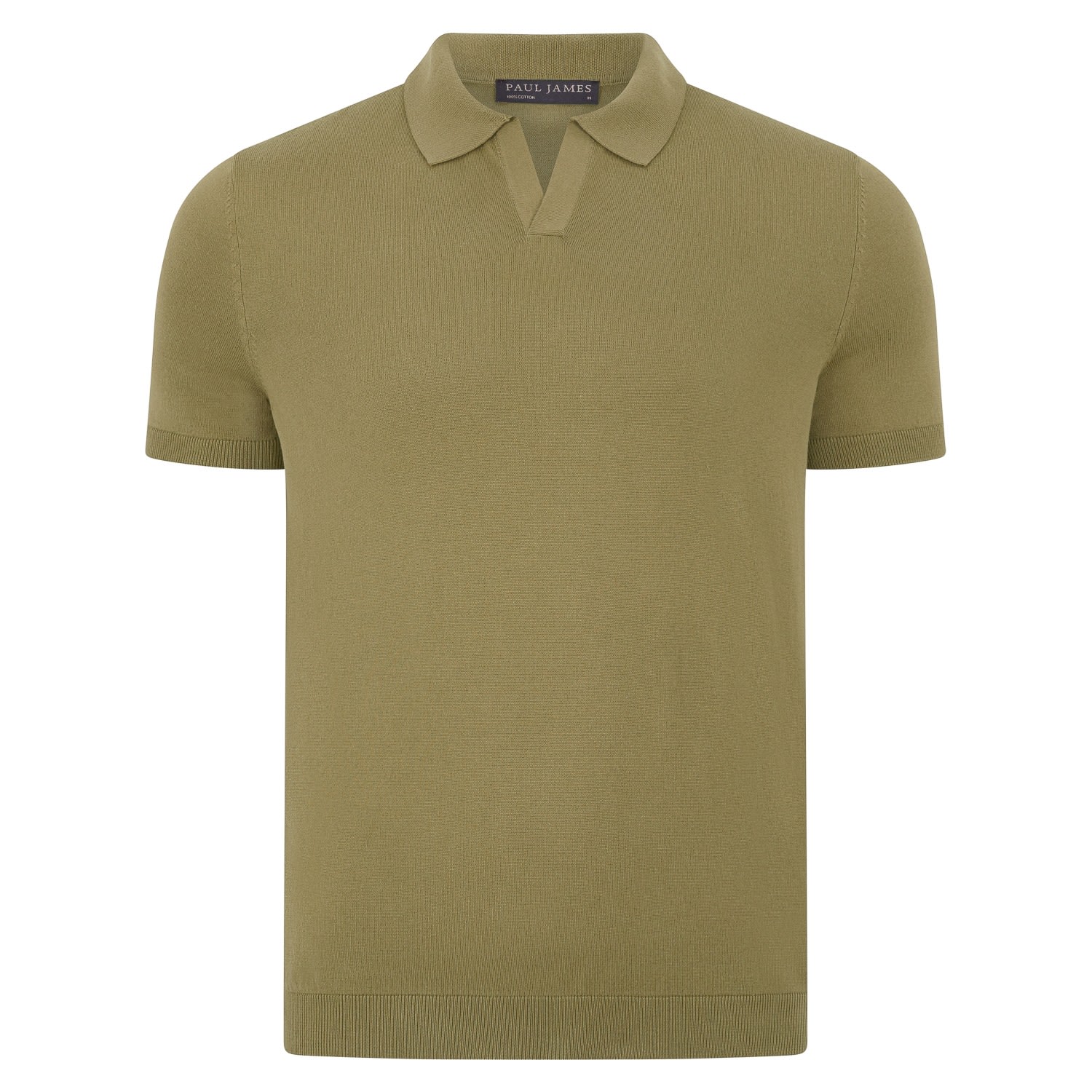 Paul James Knitwear Neutrals / Green Men's Ultra Fine Cotton Nathan Buttonless Polo Shirt - Light Olive