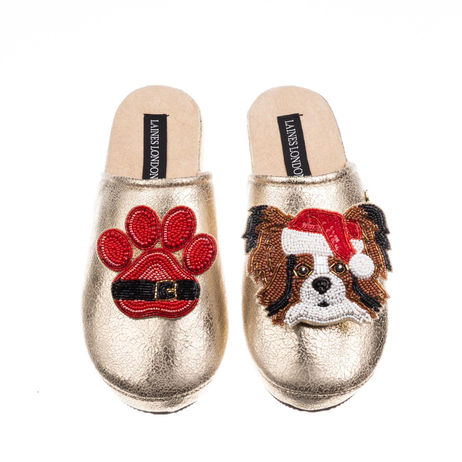 Laines London Women's Gold Softie Slippers With Christmas Papillon & Paw Brooches In Gold