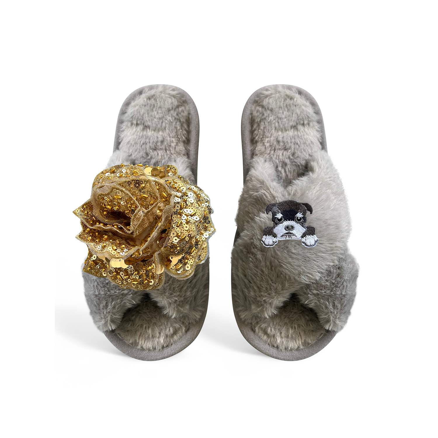Toma Women's Classic  Open Toe Gold Sequin Flower And Dog Six Grey Slippers In Gray