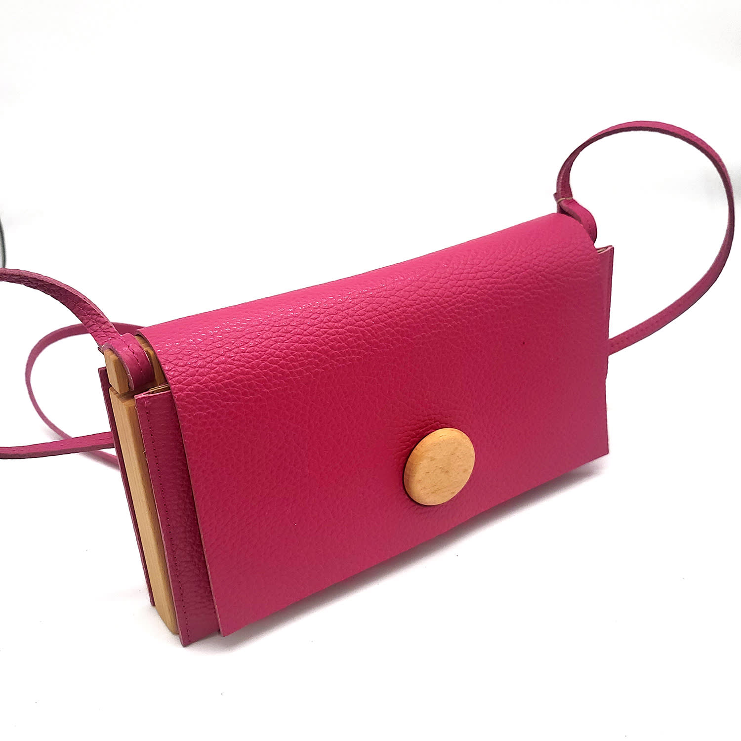 WOOD BELT WOMEN'S PINK WOOD BELT UNIQUE MINI BAG GALAPAGOS TRUST 2413 - BEECH WOOD & EMBOSSED MAGENTA LEATHER 