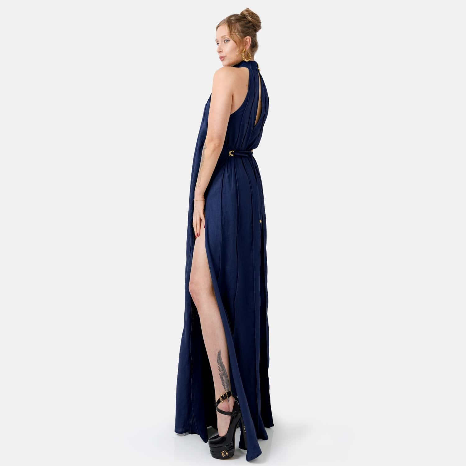 Navy Blue Linen Maxi Dress  Pleated Designer Halter Gown | Kargede | Wolf  & Badger