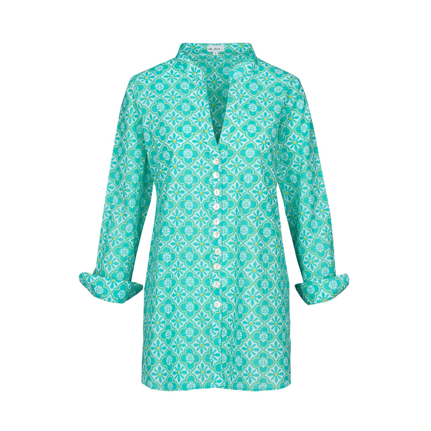 At Last... Women's Blue / White Cotton Louise Shirt In Turquoise & White Flower In Blue/white