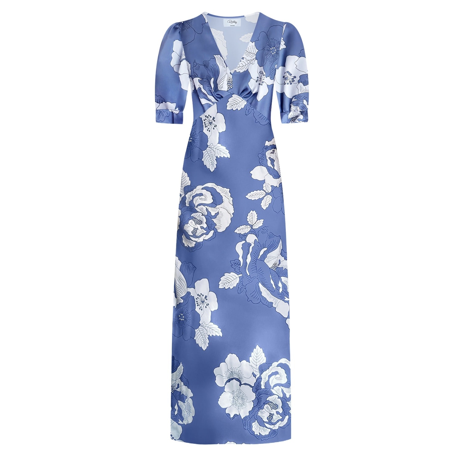 RIDLEY LONDON WOMEN'S JANIE MAXI DRESS: BLUE AMELIE'S FLOWERS SATIN