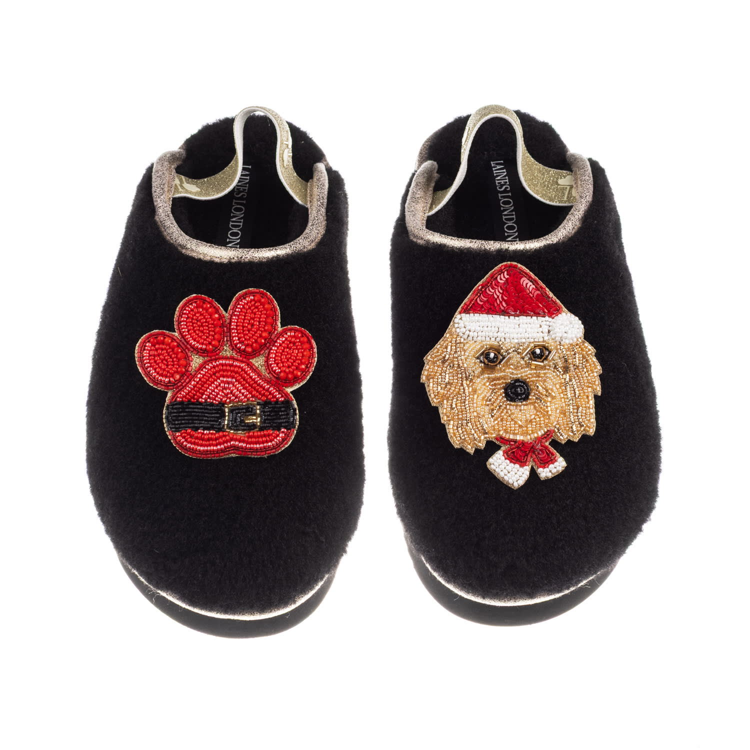 Laines London Women's Black / Gold Flatform Cloud Slippers With Christmas Golden Cavapoo & Paw Brooches - Black In Black