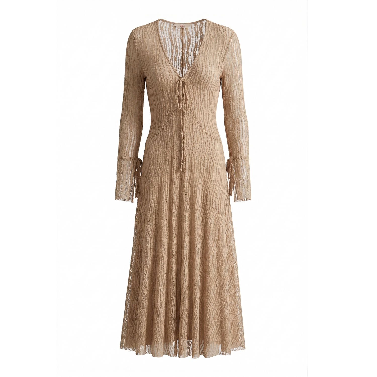 Belsize25 Sheer Lace Knit Trumpet Dress With Flared Sleeves - Beige