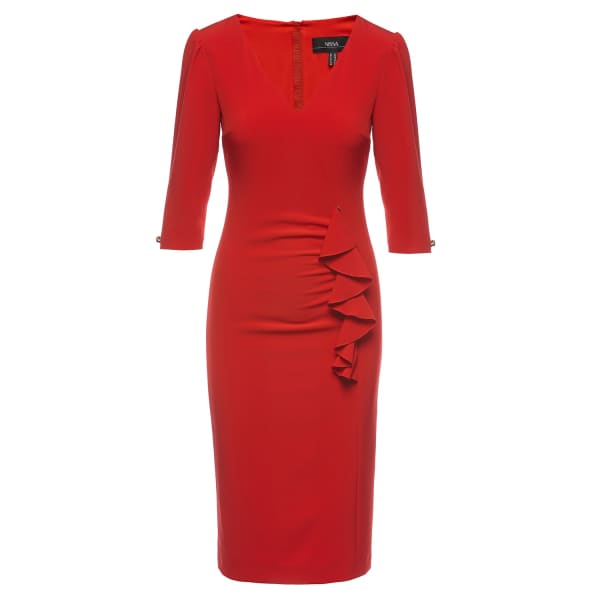 NISSA Red Front Ruffle Detail Midi Bodycon Dress