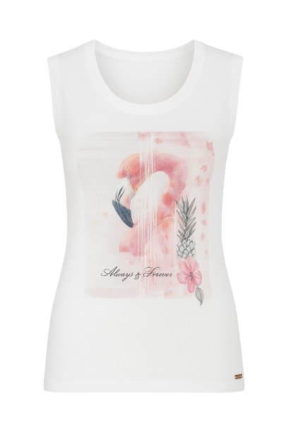 Conquista Women's Neutrals Sleeveless White Top With Multicoloured Print Detail In White