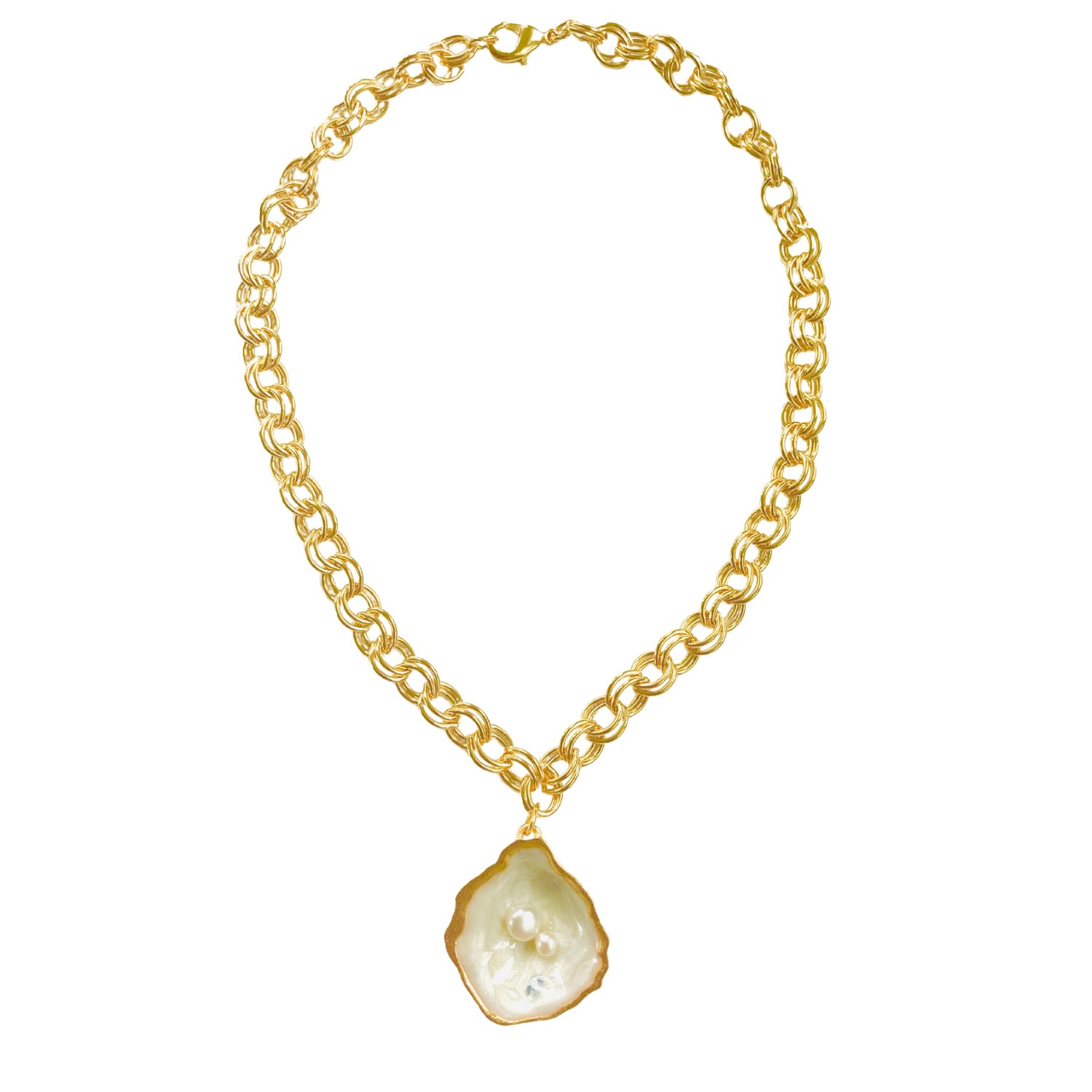 The Pink Reef Women's White Hand-painted Oyster Necklace In Gold