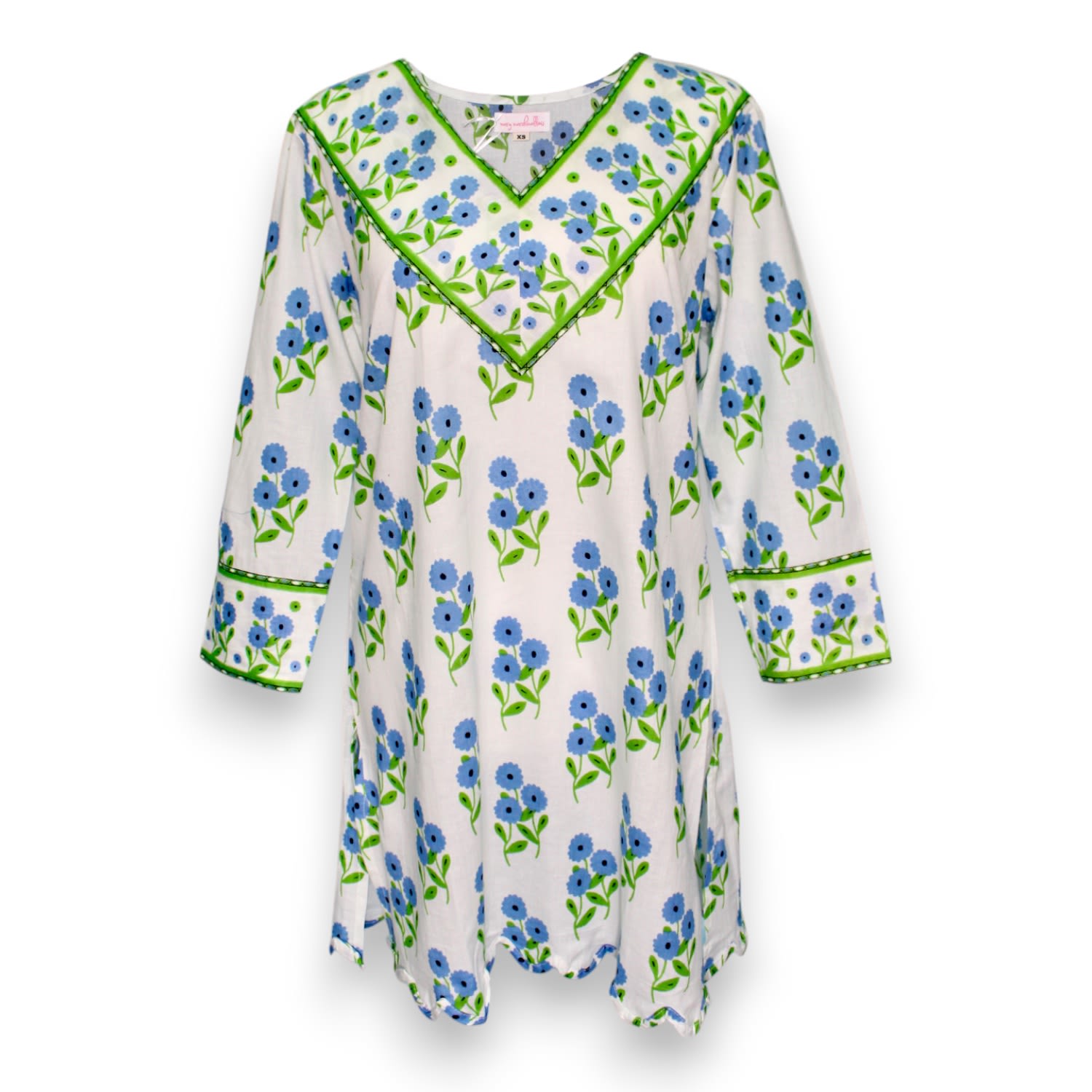 Women&rsquo;s Blue V-Neck Scallop Tunic - Bunch Of Daisies - Periwinkle | Large | Mary Marshmallow