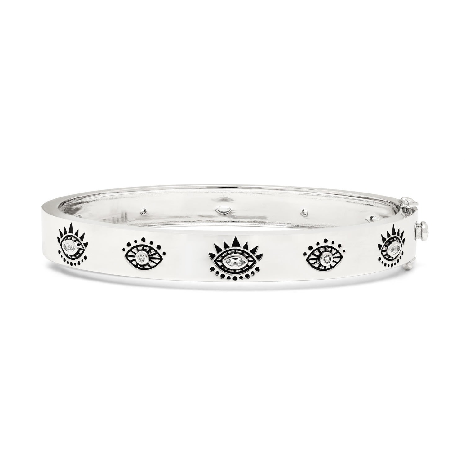 Women’s Silver Evil Eye Protection Bangle, White Rhodium, Blue & White Topaz Seven Saints