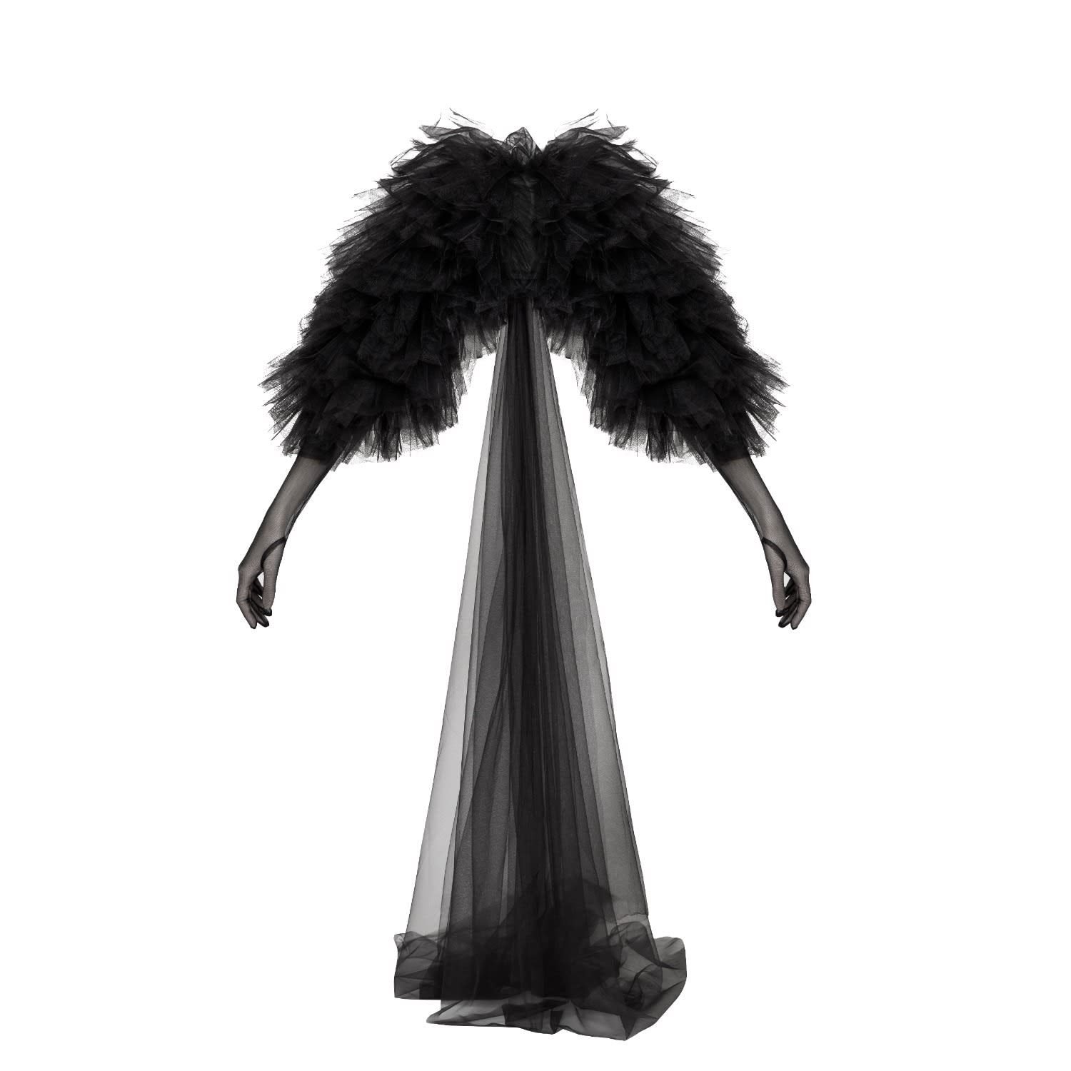 Lia Aram Women's Black Ruffle Glove Train Cape In Black