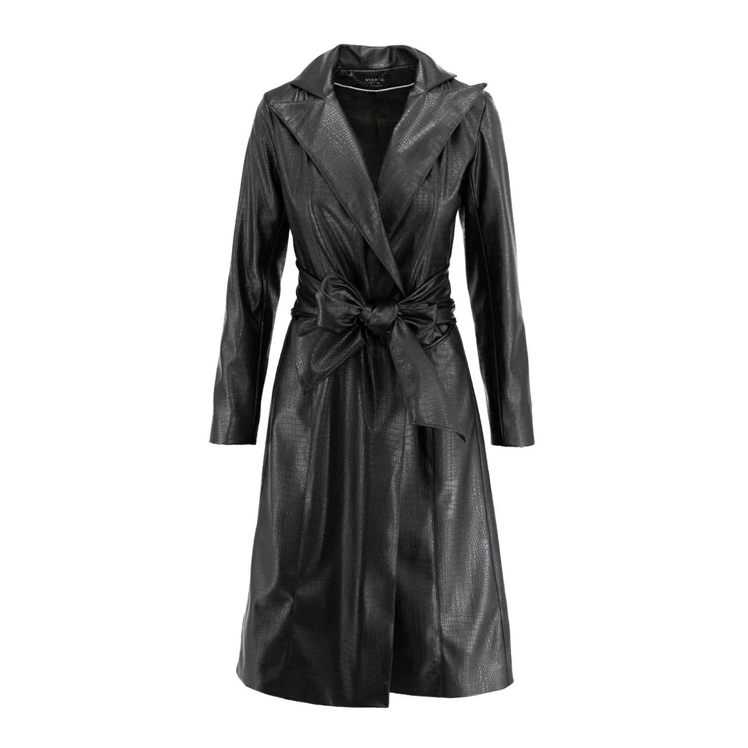 Avenue No.29 Women's Black Eco Leather Midi Lenght Coat With Belt In Black