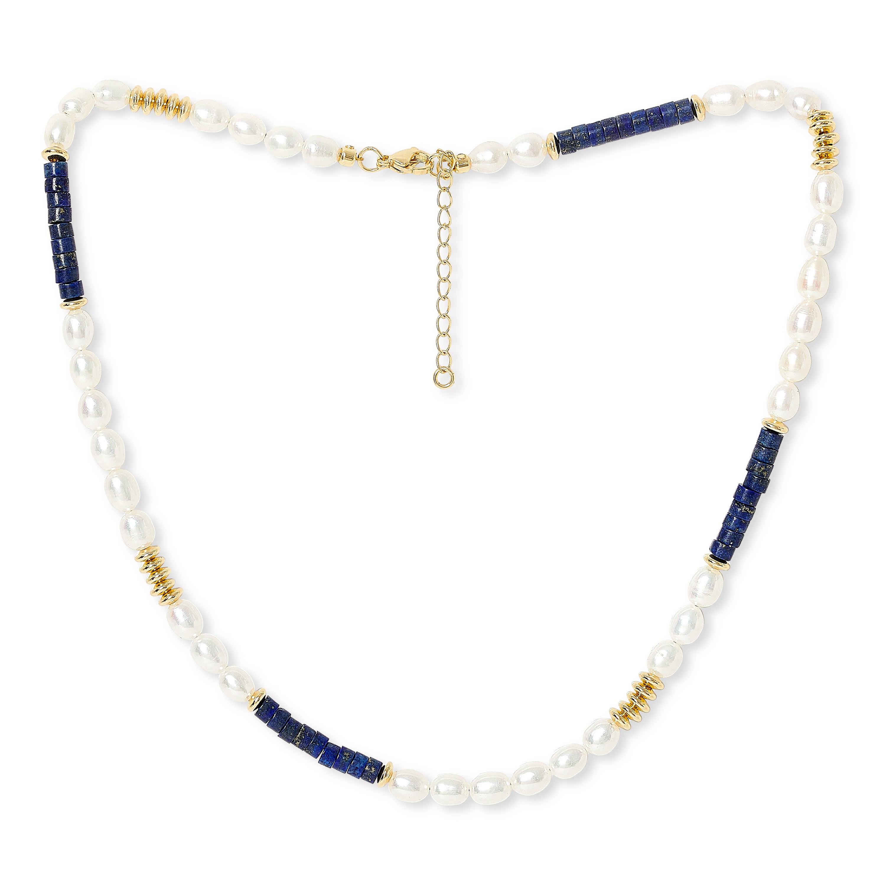 Pearls Of The Orient Online Women's White / Blue Nova Oval Cultured Freshwater Pearl Necklace With Lapis & Gold Beads