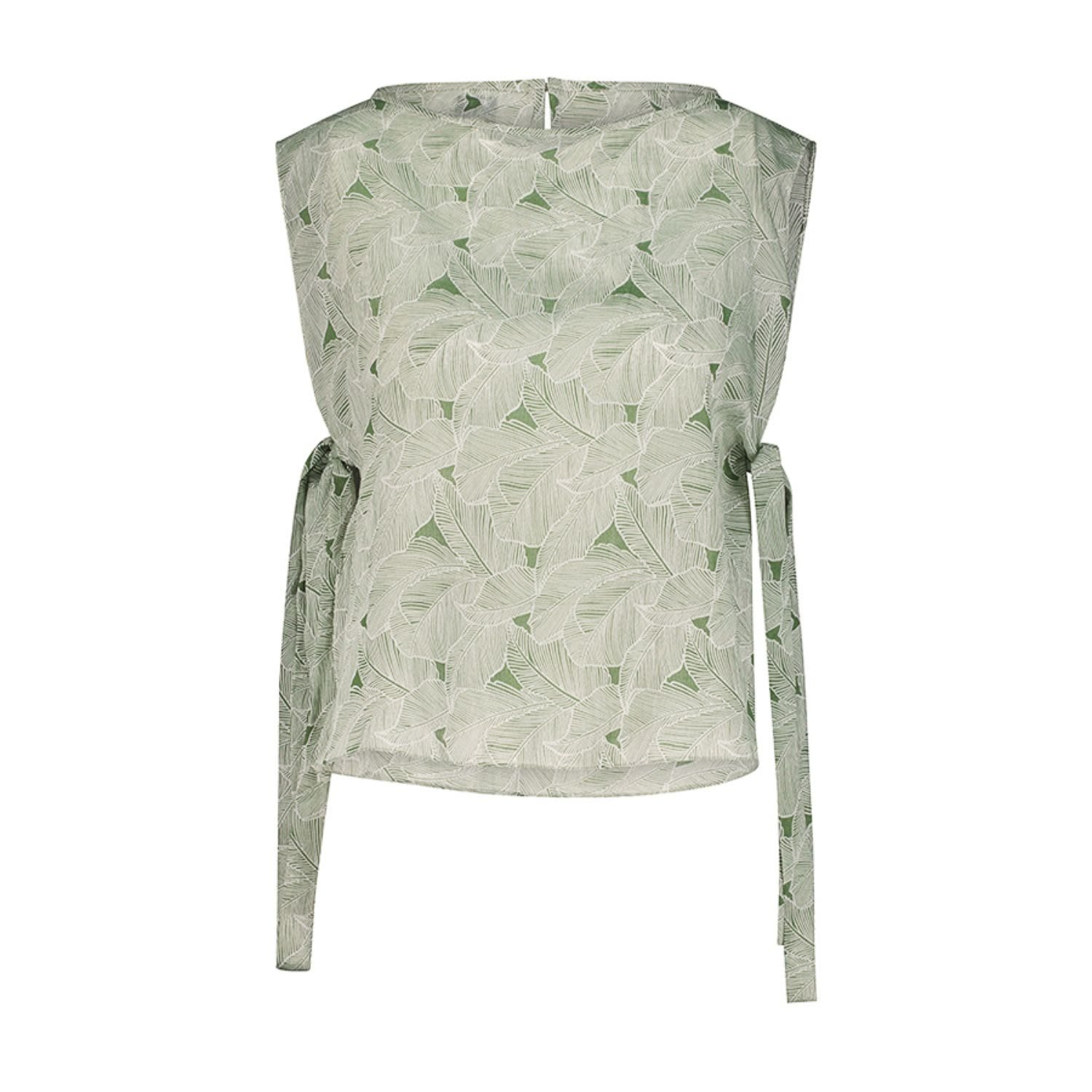 Azzalia Women's Sleeveless Printed Voile Top With Tie Ribbon On Sides In Green In Green