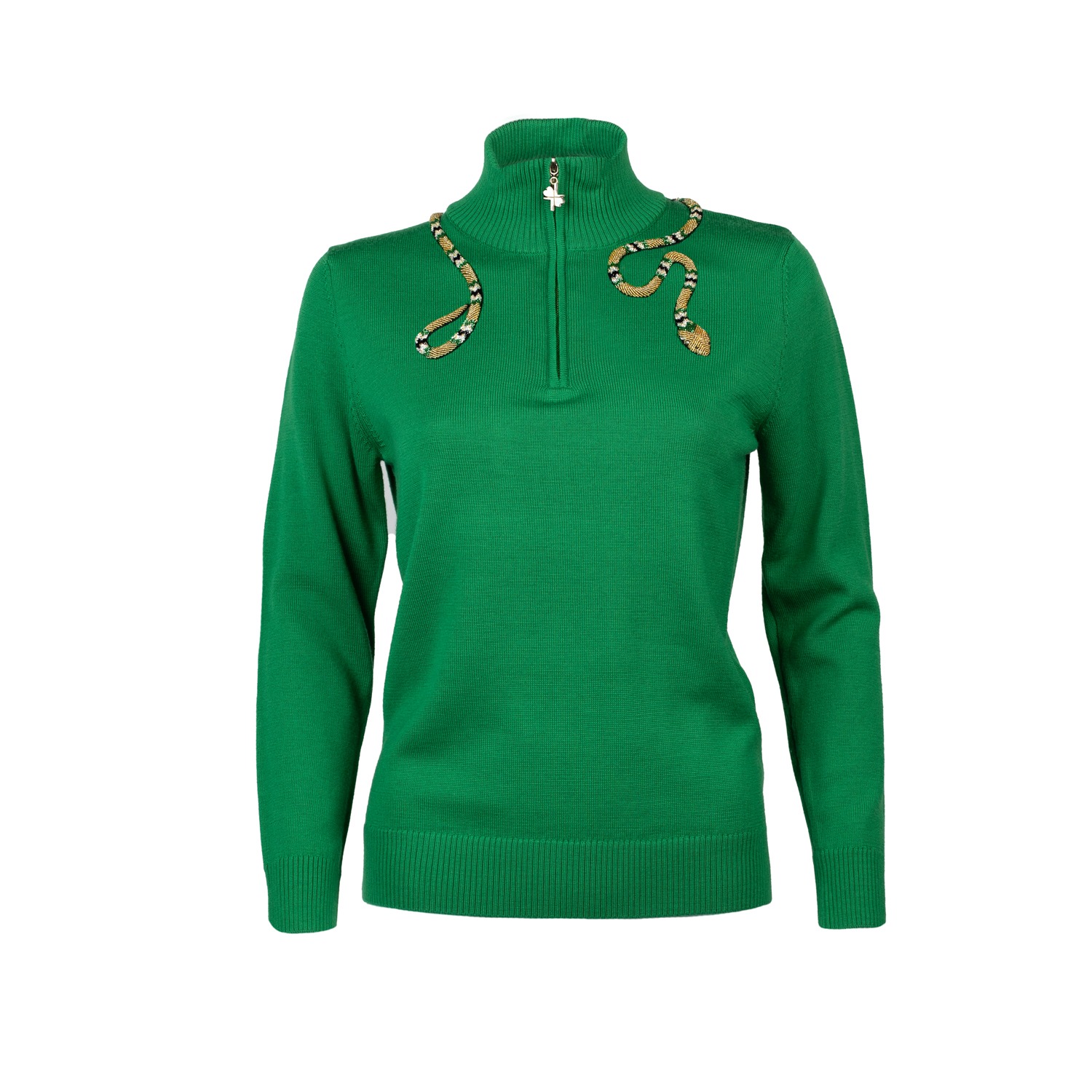 Laines London Women's Laines Couture Quarter Zip Green Jumper With Embellished Green & Gold Wrap Snake
