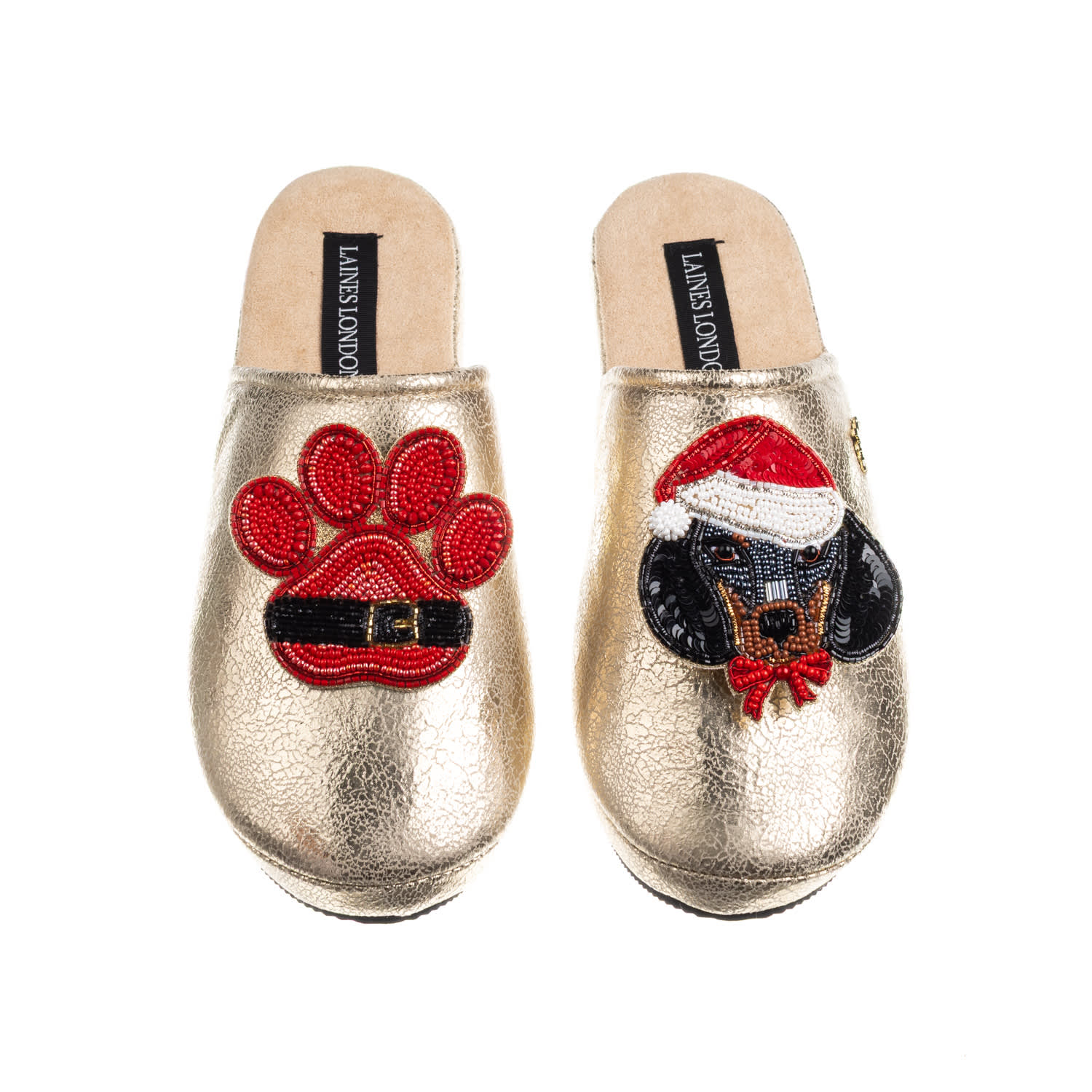 Laines London Women's Gold Softie Slippers With Christmas Dachshund & Paw Brooches In Gold