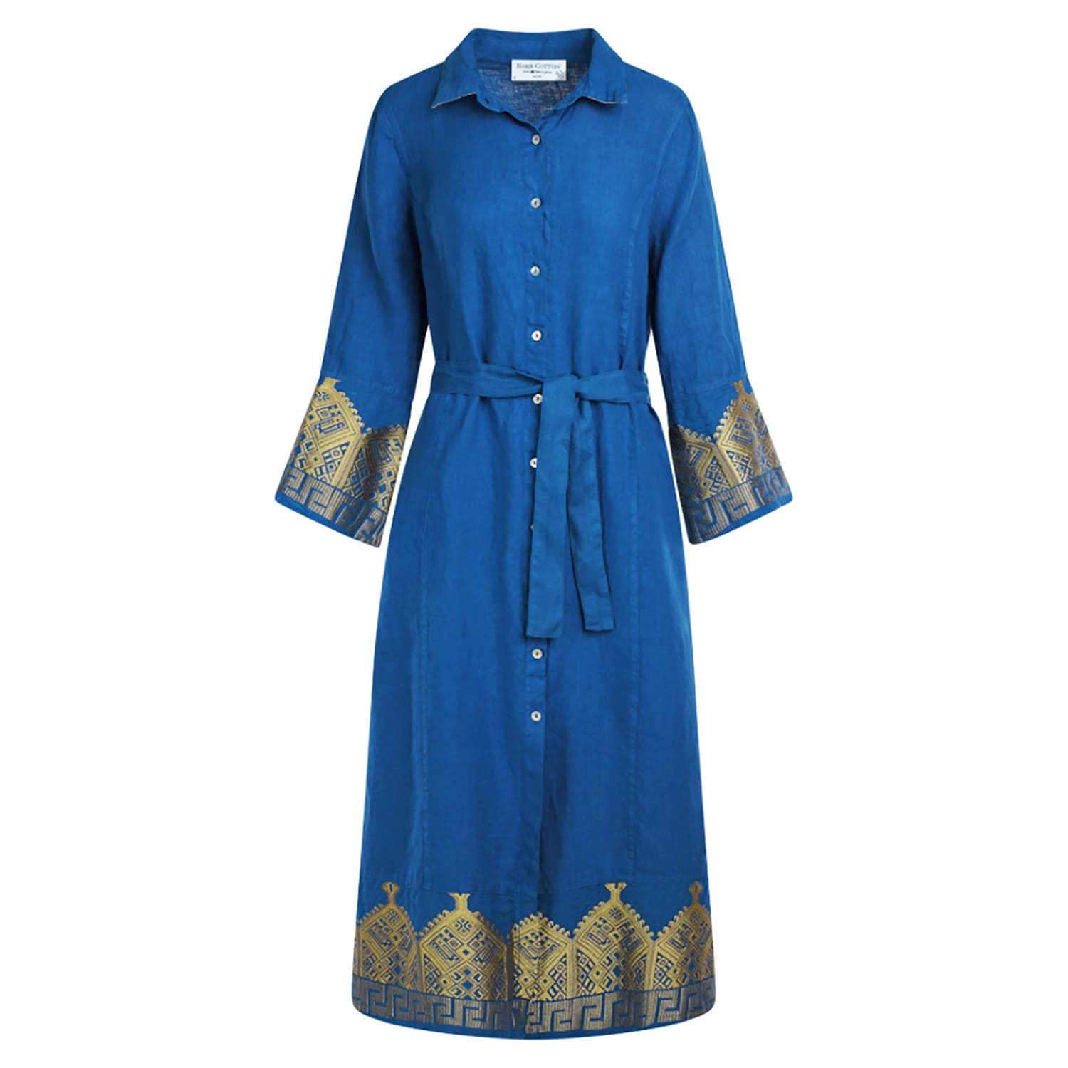Haris Cotton Women's Blue Linen Maxi Shirt Dress With Embroidered Details Lapis- Gold In Blue