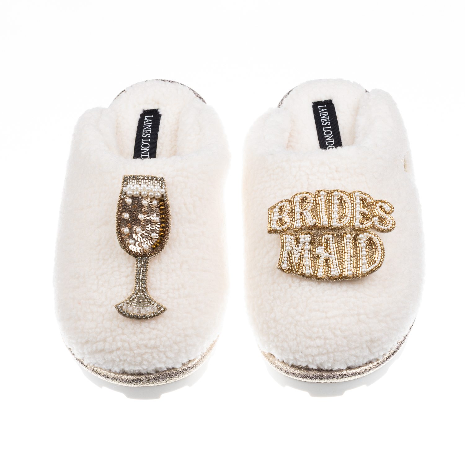 Laines London Women's Neutrals / White Teddy Closed Toe Slippers With Bridesmaid Brooches - Cream In White