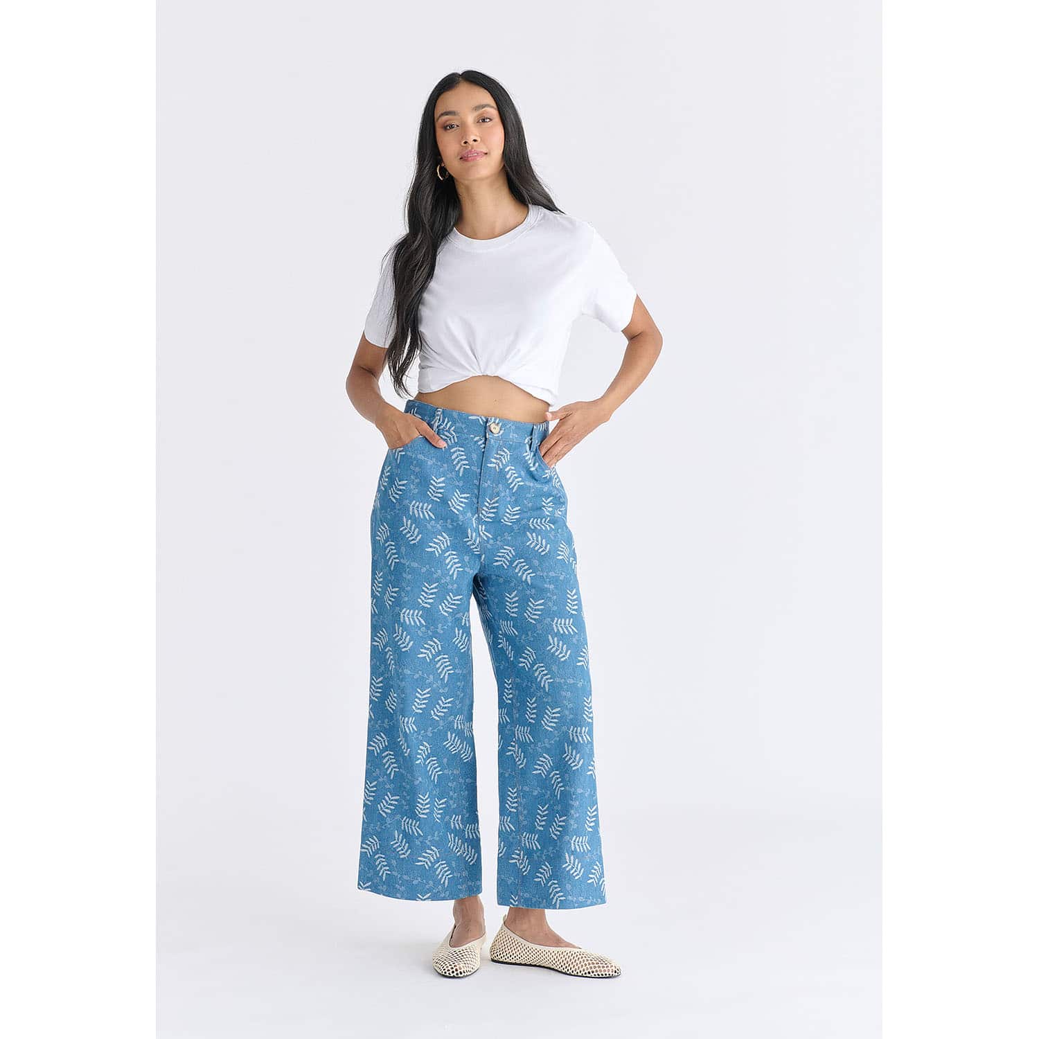 Wide Leg Denim Trousers In Leaf Pattern In Light Denim Blue
