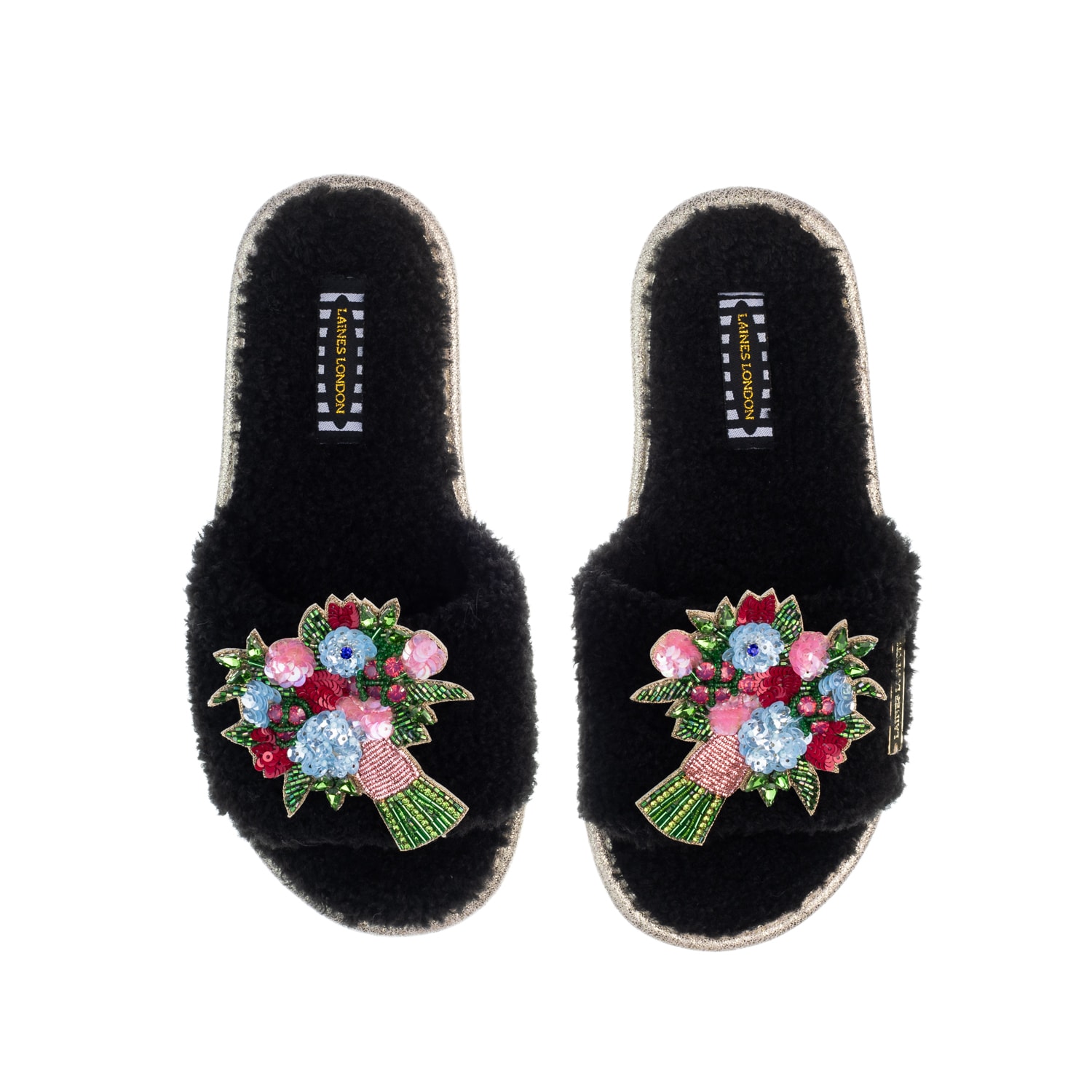 Laines London Women's Teddy Toweling Slipper Sliders With Double Flower Bouquet Brooches - Black In Black