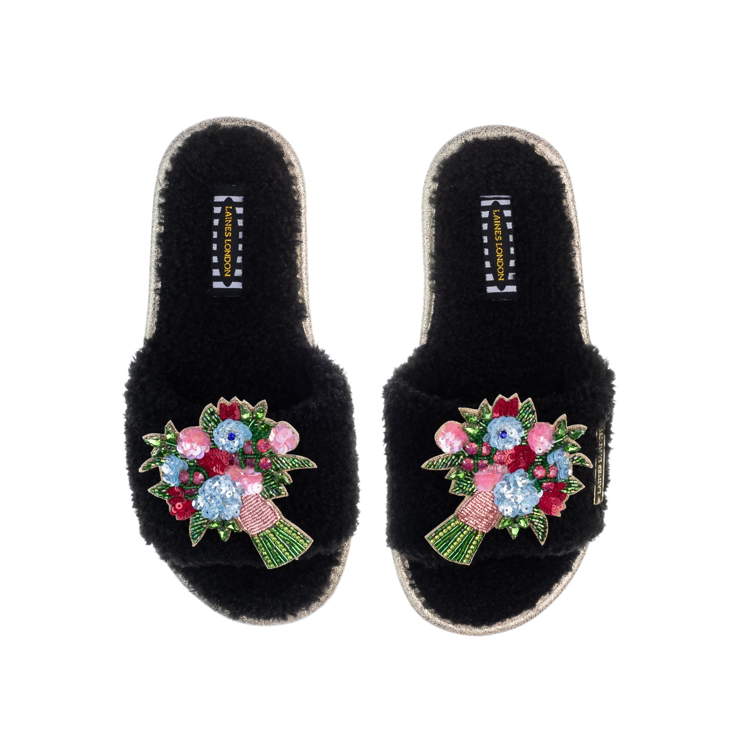 Women’s Teddy Toweling Slipper Sliders With Double Flower Bouquet Brooches - Black Small Laines London