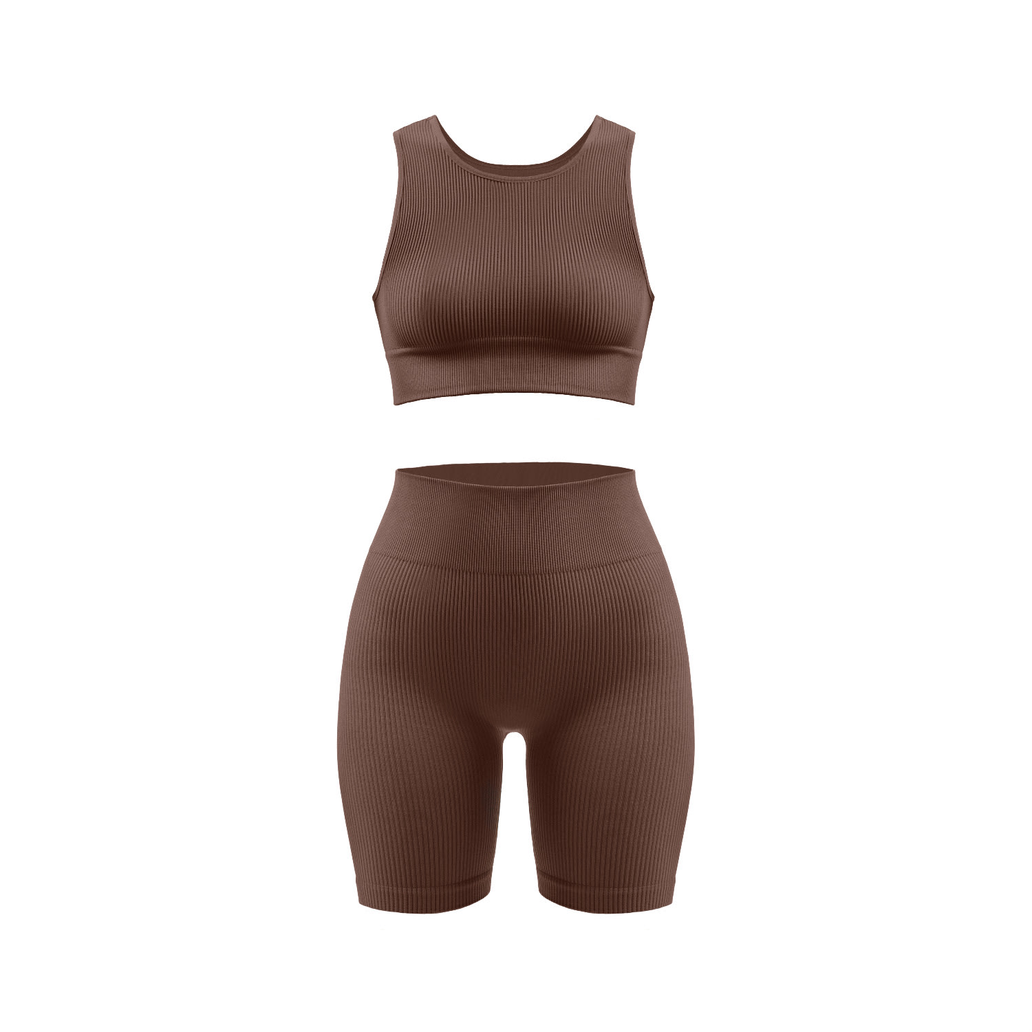 Brown Ribbed Biker Shorts & Ribbed High Neck Bra Set - Coffee Medium Nuttch