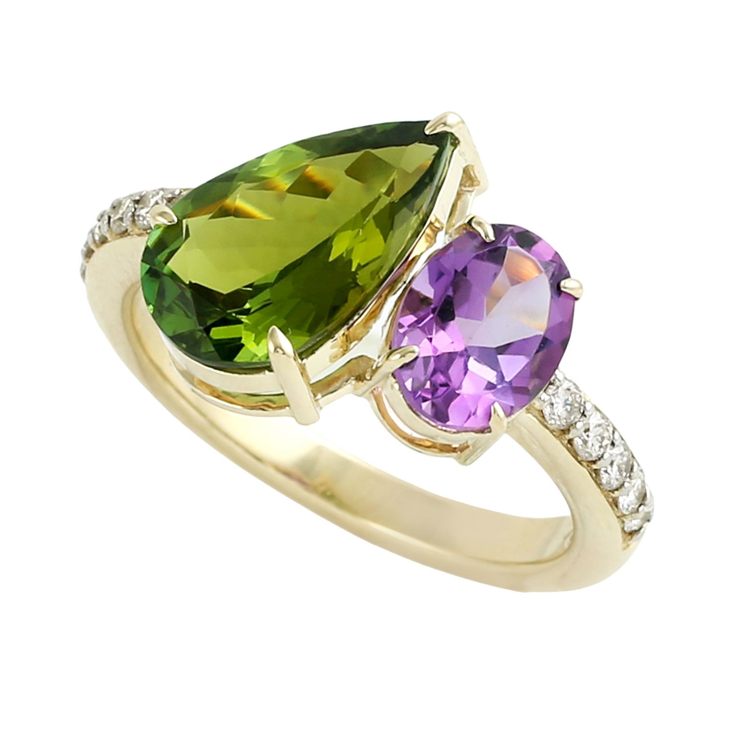 Artisan Women's Green Tourmaline & Amethyst Gemstone Pave Diamond Band Ring In Gold