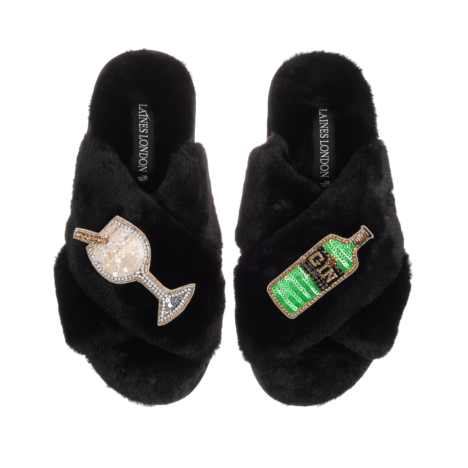 Women’s Classic Laines Slippers With Original Gin Brooches - Black Extra Large Laines London