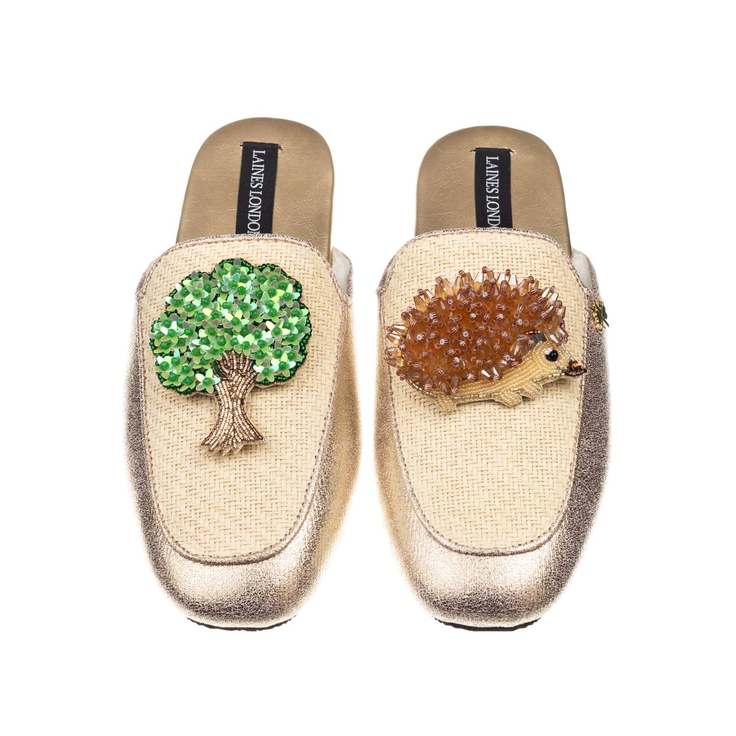 Laines London Women's Gold / Neutrals Classic Mules With Hedgehog & Oak Tree Brooches - Cream & Gold In Gold