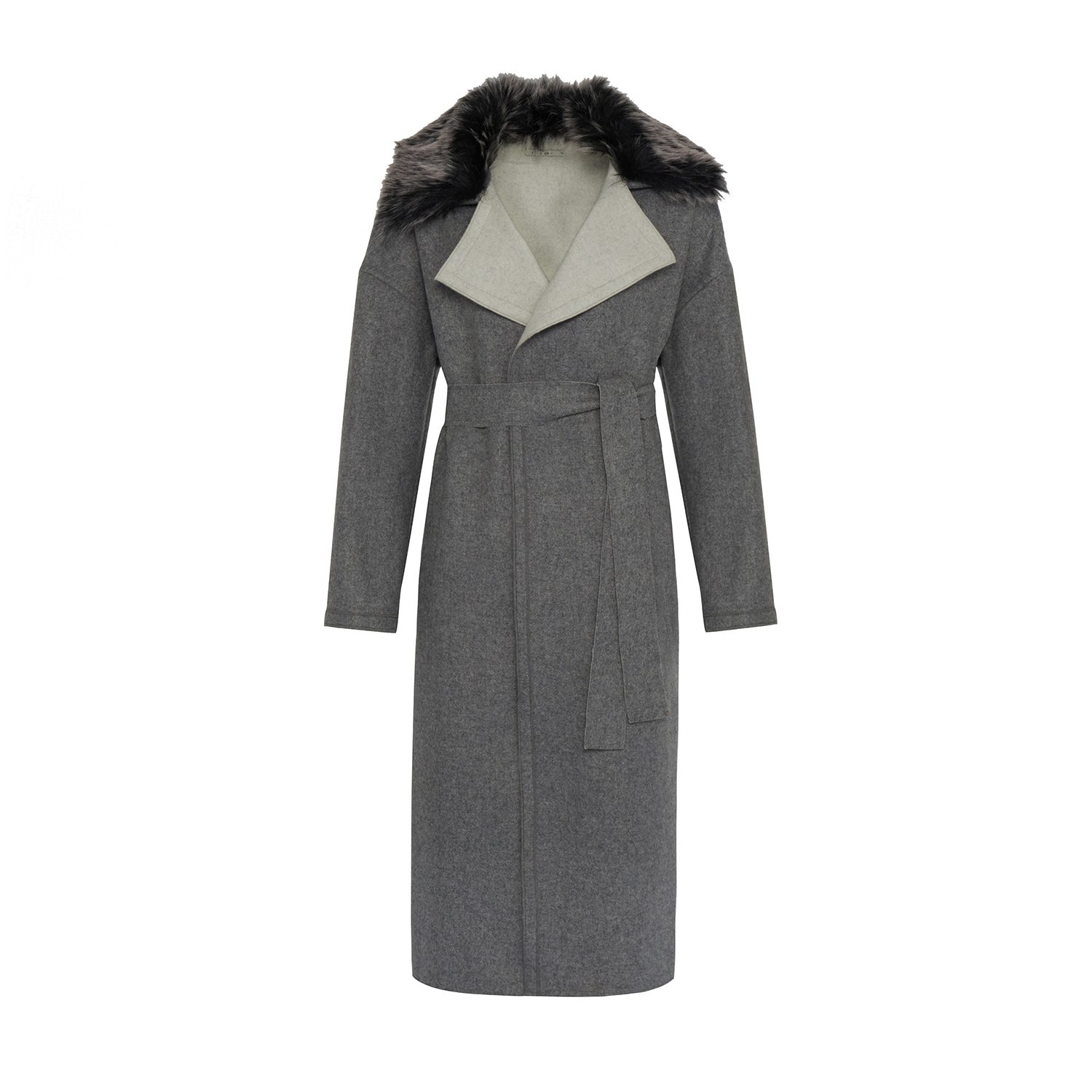 Women’s Fur Collar Grey Long Wool Coat M/L Rue Les Createurs