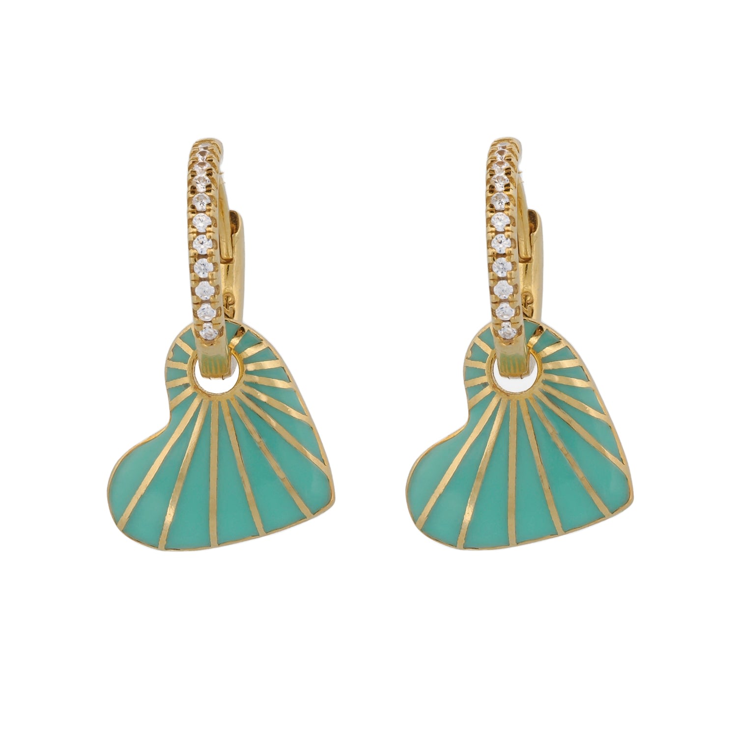 Women’s Green / Gold Green Enamel Heart Diamond Hoop Gold Earrings - Green Ebru Jewelry