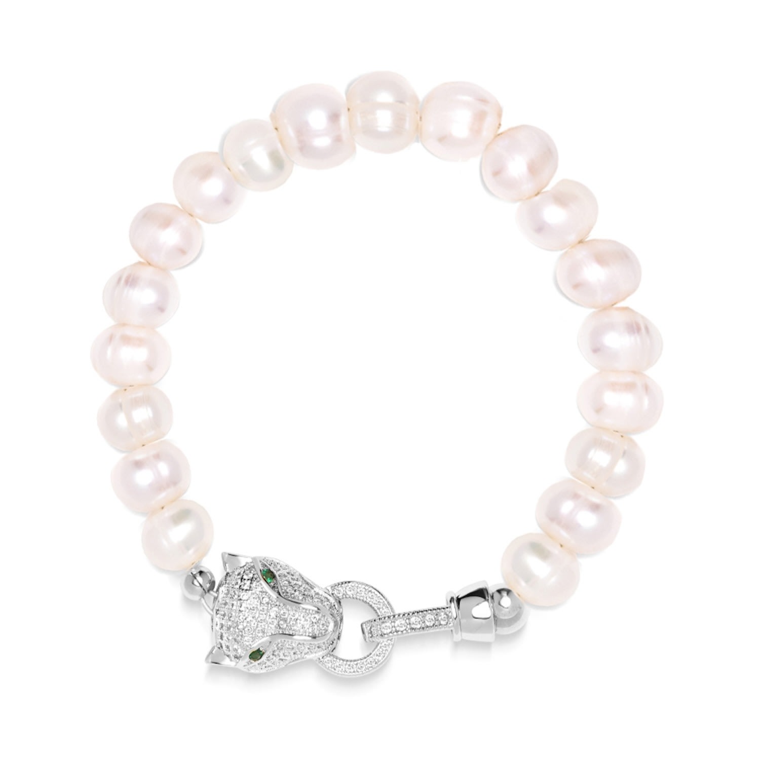 White / Silver Women’s Pearl Bracelet With Silver Panther Head Nialaya