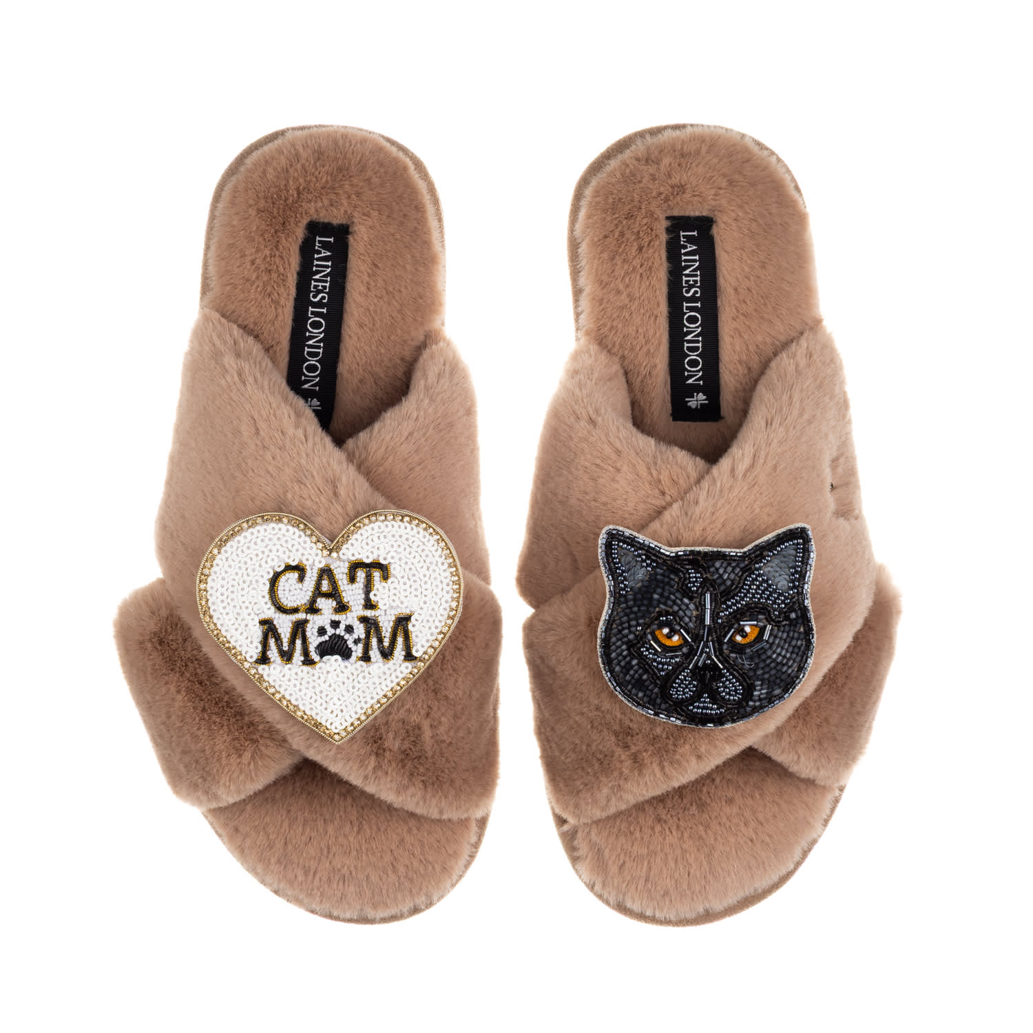 Laines London Women's Brown / Neutrals Classic Laines Slippers With Cat Mum/mom & Black Scottish Fold Cat Brooches In Brown