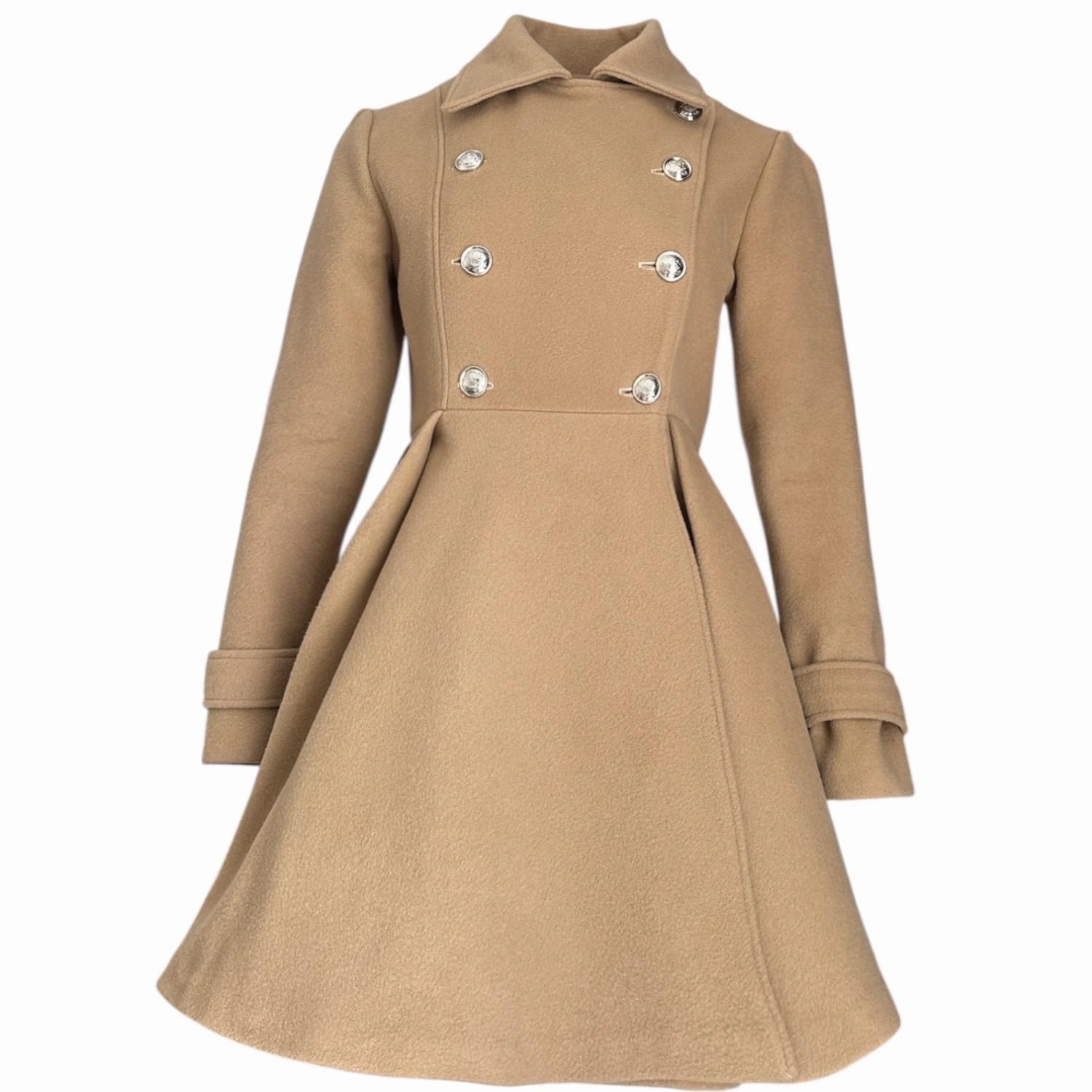 Adrenaline Fashion Women's Neutrals Camel Wool Coat With Double Breasted Front And Elegant Fit Flare Silhouette In Sand