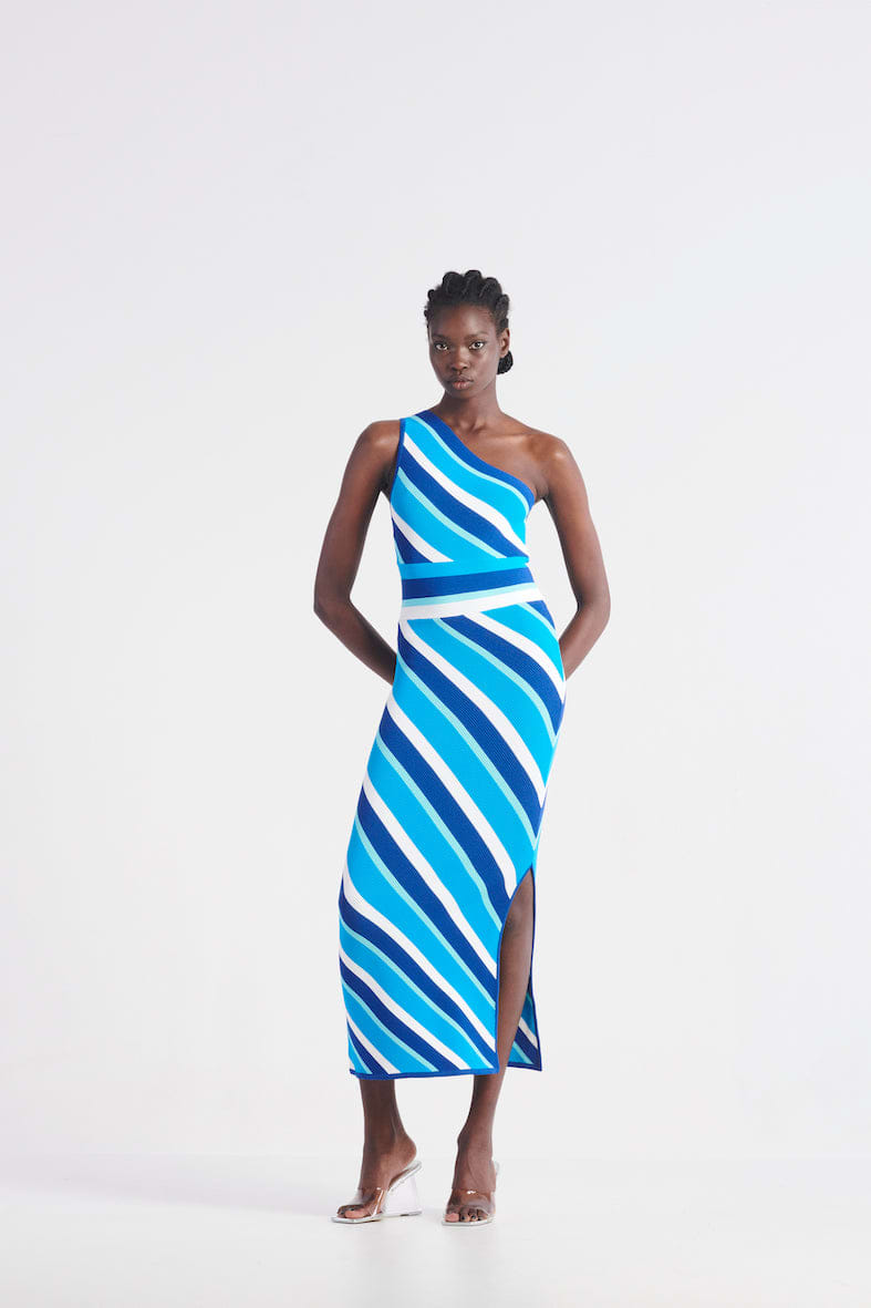 St Tropez One Shoulder Knit Dress - Mykonos Blue Stripe | St Cloud