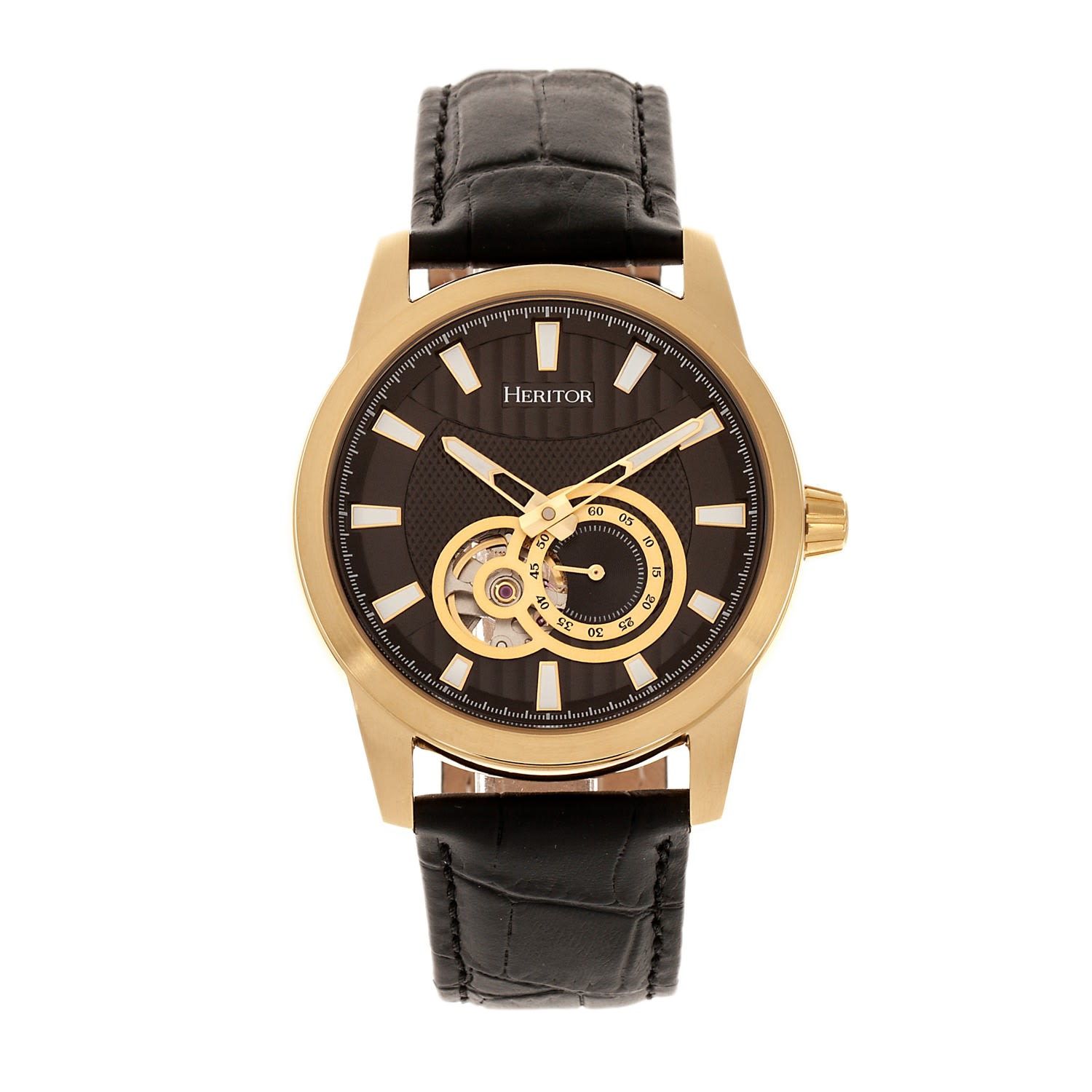 Heritor Automatic Men's Gold / Black Davidson Semi-skeleton Leather-band Watch With Seconds Sub-dial - Black, Gold In Gold/black