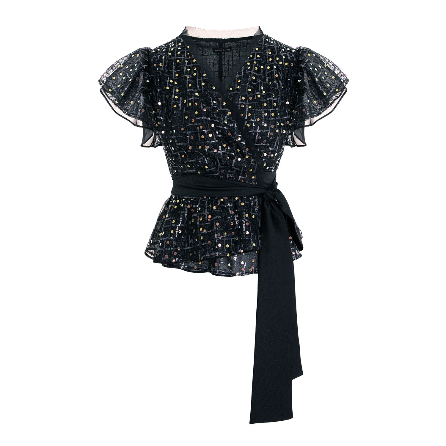 Concept A Trois Women's Black Sequin Top With Wing Sleeves In Black