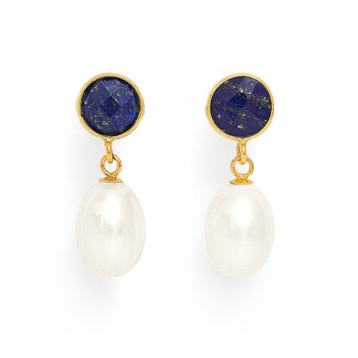 Women’s White / Blue Clara Large Lapis Lazuli & Cultured Freshwater Pearl Drop Earrings Pearls of the Orient Online