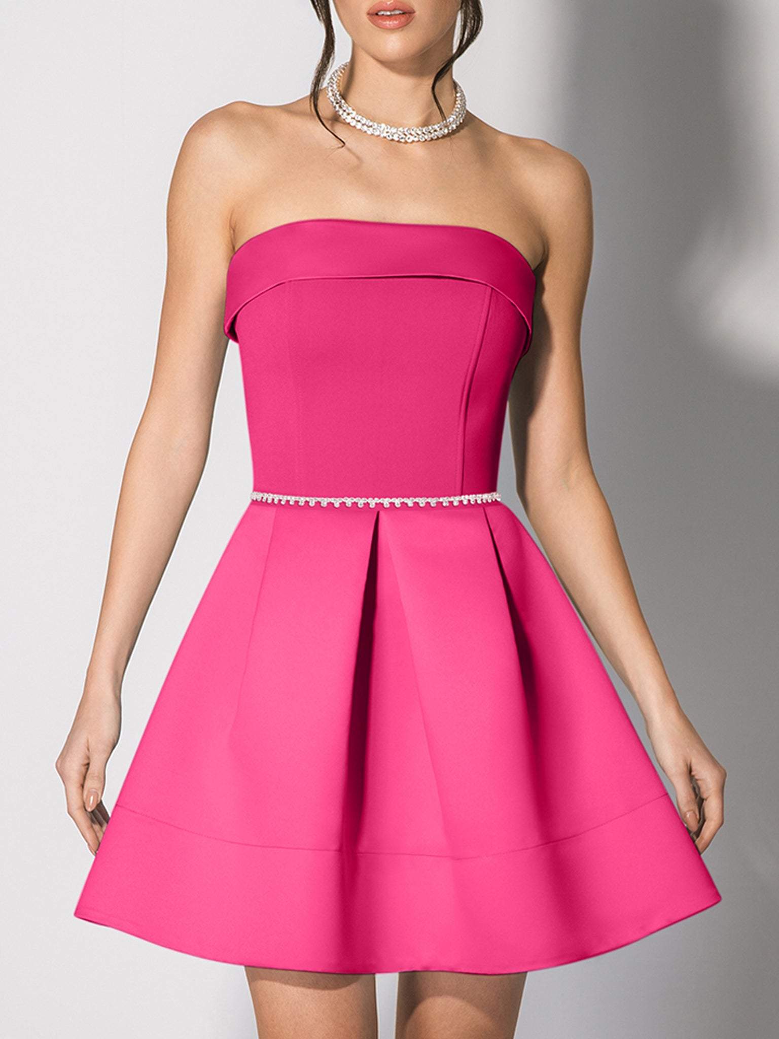 hot pink mini dress formal Isabella Removable Train Satin Mini Dress - Hot Pink