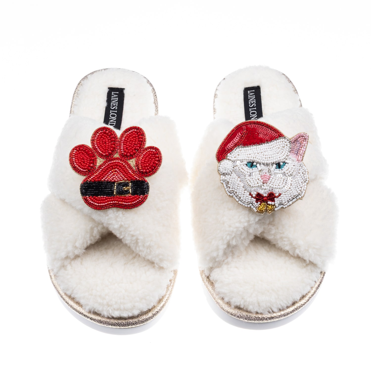 Laines London Women's Neutrals / White Laines Boucle Slippers With Christmas White Persian Cat & Paw Brooches - Cr In White