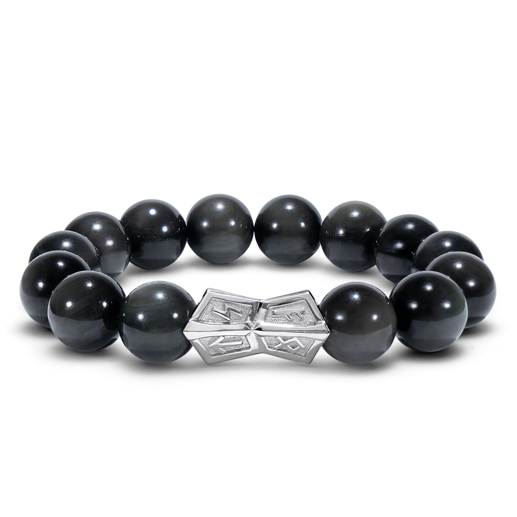 Men’s Black Runes-Engraved Crossguard Obsidian Beaded Bracelet Awnl